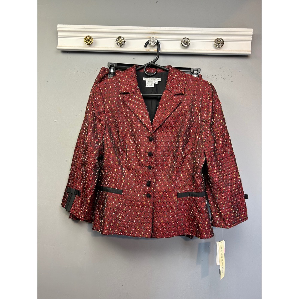Maggy London Skirt Suit Womens 10 Wine Red Textured Eyelash Fringe Bow Set NEW